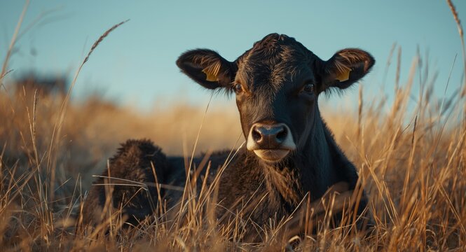 A relaxed young black baldy calf resting in a dry grass meadow