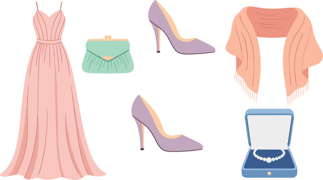 Elegant women's formal wear accessories including a pink dress, clutch bag, high heels, shawl, and pearl necklace are beautifully arranged for a special occasion.