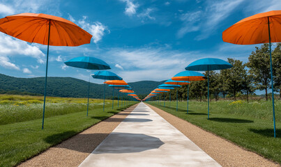 Obraz premium A serene pathway lined with colorful umbrellas on a sunny day outdoors