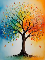 Abstract art of a vibrant tree with colorful leaves changing through seasons