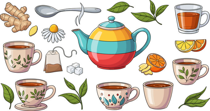 Various tea accessories and ingredients are beautifully illustrated in a vibrant cartoon style, perfect for a cozy beverage theme.