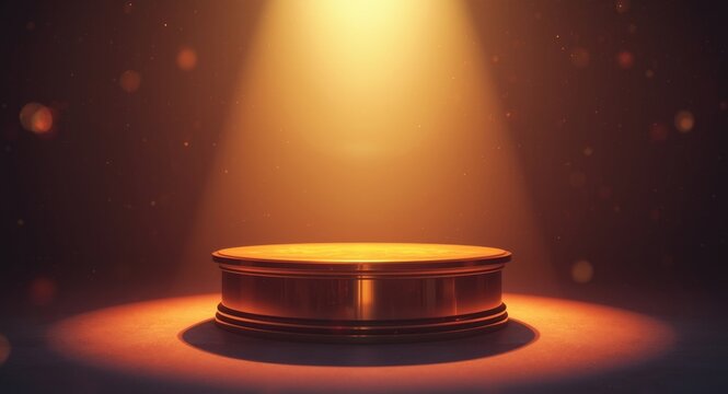 Golden judges podium glowing softly under powerful spotlight