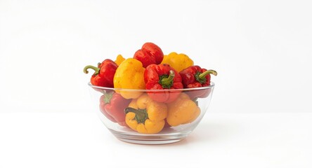 A clear bowl holds roasted red and yellow peppers on an uncluttered white backdrop