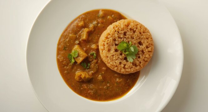 Aerial shot of okra soup with eba served on a pristine white plate
