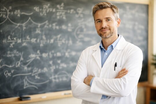 Smiling male scientist in lab coat standing in front of a blackboard with complex mathematical equations