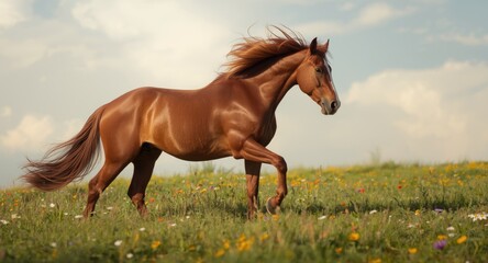 A sorrel horse with flowing hair frolicking on a lush green grass field under a serene cloudy sky