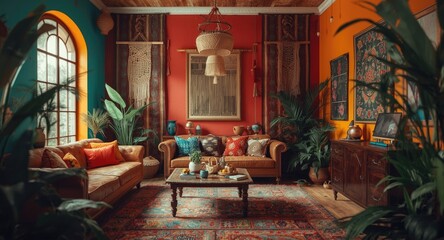 Artistic bohemian living room with bold colorful walls and handcrafted decor elements