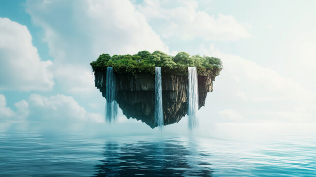 Island floating above ocean with waterfall flowing upwards, surreal gravity defying