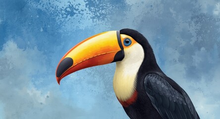 Fototapeta premium Illustrated toucan in lively watercolor tones with a textured blue and grey sky