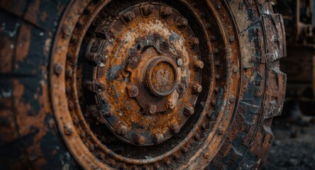 Fototapeta premium Detailed close up panorama of a rusted wheel from heavy construction equipment with copy space