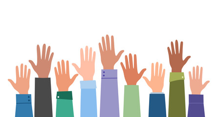 Obraz premium Businesspeople group raised arms and hands in flat design on white background.