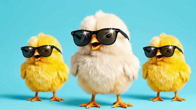 Three chicks wearing sunglasses on blue background