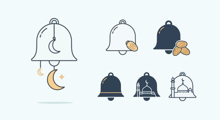Beautiful Ramadhan Kareem notification bell icons, adorned with mosque architecture, crescent moons, and dates, ideal for cultural greeting cards and digital media © Muhammad Nastain