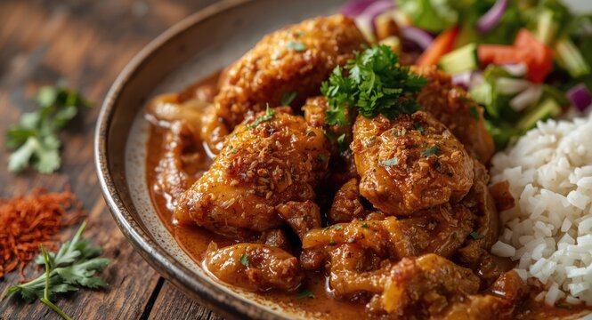 Close-up of a Senegalese Yassa chicken dish featuring onions with a side of fresh salad and steamed rice