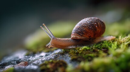 Obraz premium Macro close-up of a small land snail moving across mossy ground. Soft natural light highlights moist texture, delicate antennae, and slow life in a forest microhabitat