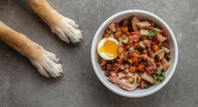 Dog paws near bowl of raw BARF diet with fresh organic meat eggs and vegetable mix on grey floor