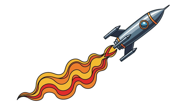 Cartoon rocket ship launching with fiery exhaust