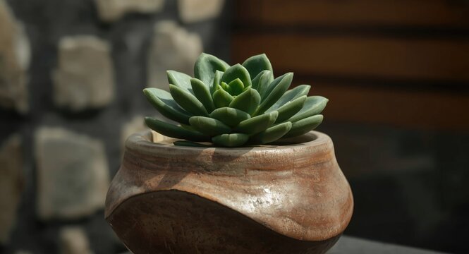 Decorative container holding a lush crassula succulent suitable for contemporary garden terraces