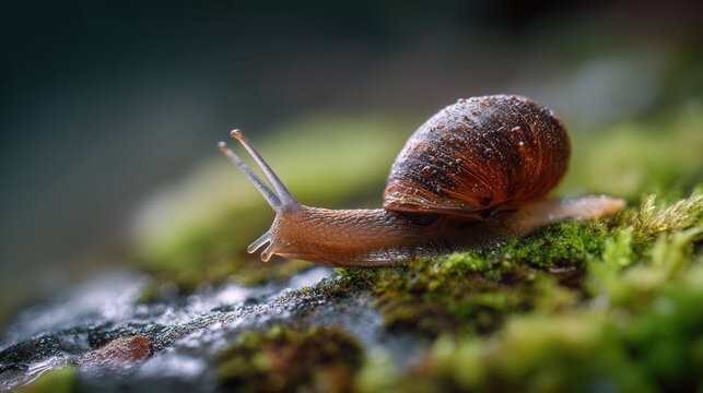 Macro close-up of a small land snail moving across mossy ground. Soft natural light highlights moist texture, delicate antennae, and slow life in a forest microhabitat