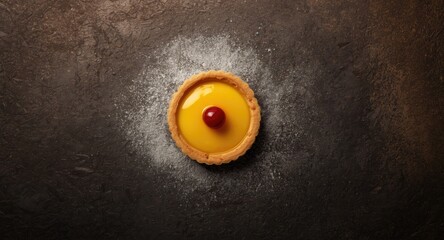 Freshly baked egg tart with custard and cherry topping on dark stone area with copy space