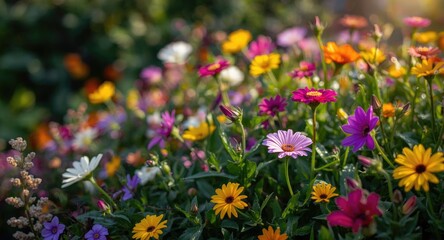 An eye catching mix of diverse flowers and lush green plant life showcasing natural allure