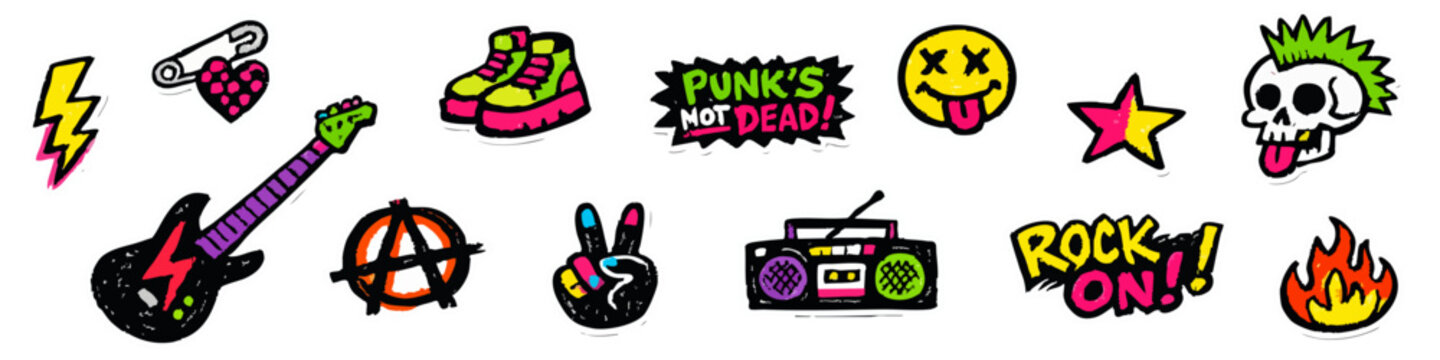 Collection of vibrant punk rock stickers and patches with skulls, guitars, anarchy symbols, and music elements on transparent background