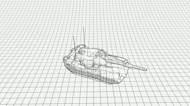 Hand drawing sketch of a pen and pencil creating a vector armored tank moving forward