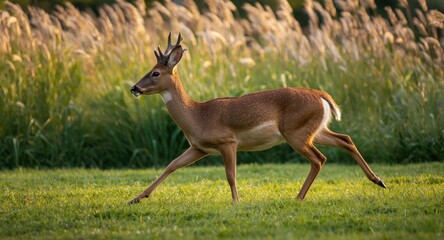 Happy buck prancing energetically on a verdant green lawn under warm summer light in full length