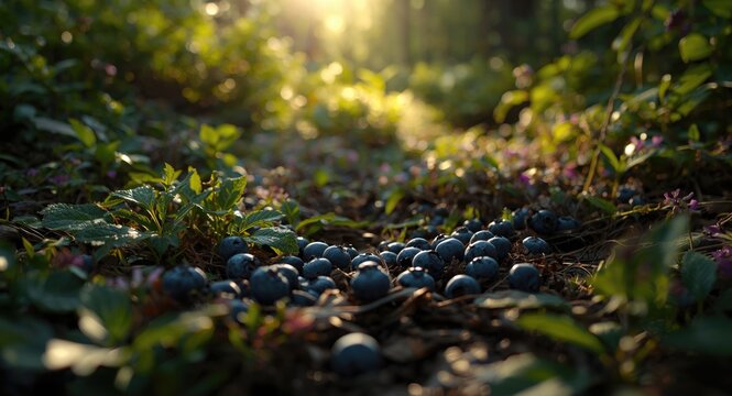 Fresh blueberries and bilberries ripe in a lush forest ecosystem