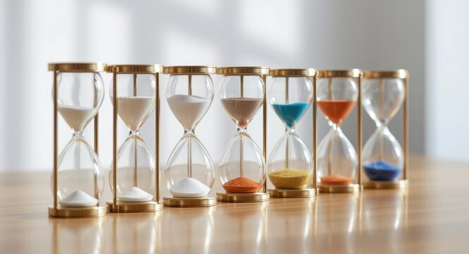 Bright hourglasses arranged in a row representing effective time management and task preparation