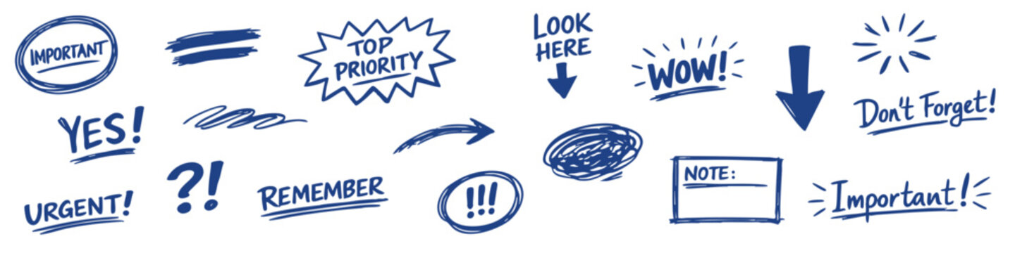 Collection of hand-drawn blue marker doodles, arrows, and notes including Important, ASAP, and Urgent for business and organization projects