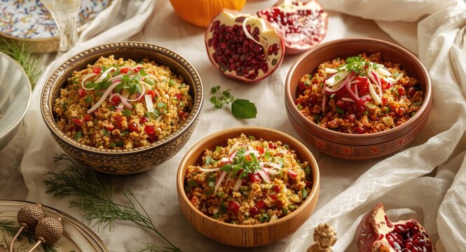 Crunchy Lebanese fattoush and fresh tabbouleh dressed in pomegranate molasses perfect for Ramadan iftar setting with copy space