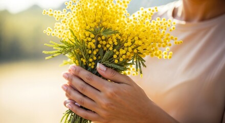 Woman Holding Mimosa Flowers in a Sunny Field for Floral Blogs, Nature Websites, Spring Celebrations, and Gardening Articles