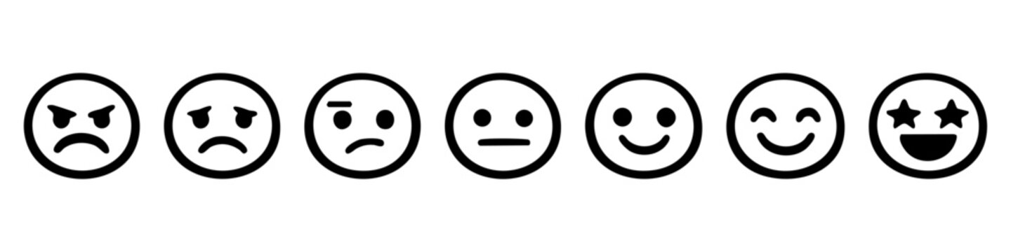A scale of seven colorful emoji face icons representing emotions from angry to very happy for customer satisfaction surveys and feedback ratings