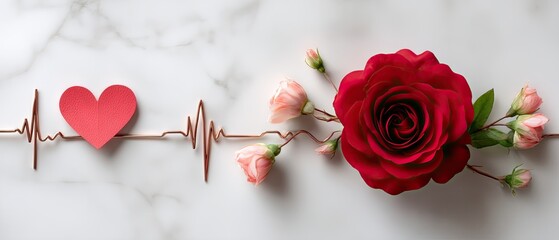 Red rose and heart-shaped paper on an electrocardiogram line for Valentine's Day decoration in a medical office setting