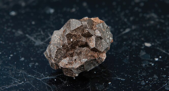 Close up of monoclinic iron manganese tungsten mineral ore on a dark textured surface