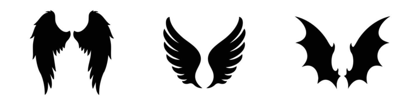 Powerful wings icon set in bold silhouette style. Ideal for logos, fantasy, angel or dark themes, tattoos, emblems, and creative branding. Available in black, blue, and light blue colors