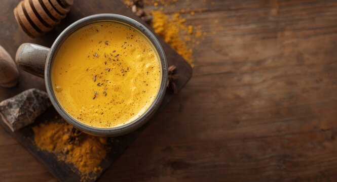 Healthy golden turmeric milk with honey and spices on wooden board with copy space