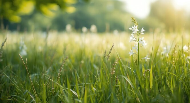 Idyllic field of fistulous asphodel with delicate white flowers and green and yellow grass