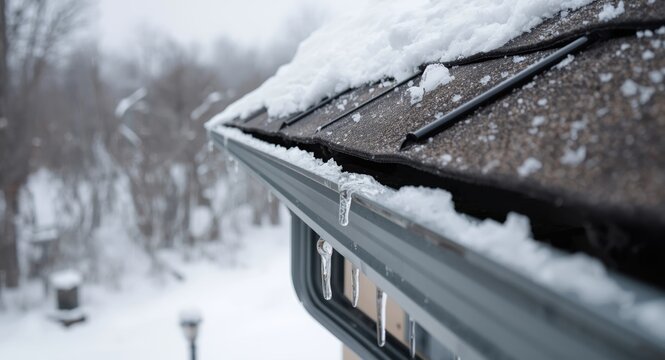 Detailed winter view of mesh gutter and shingles with melting snow to shield roof