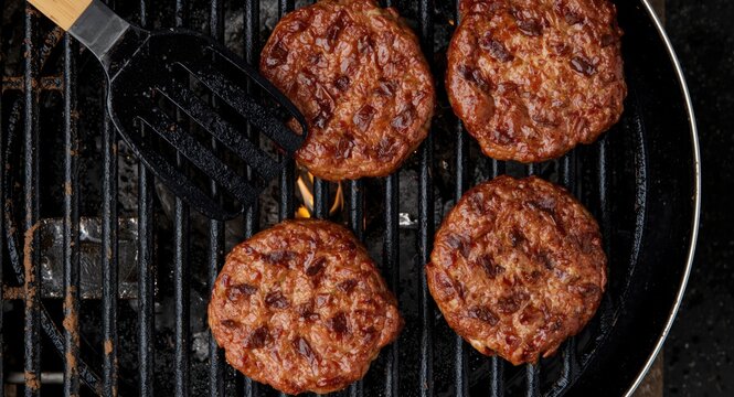 Close up overhead image of hot beef burgers cooking on a charcoal grill with spatula and copy space