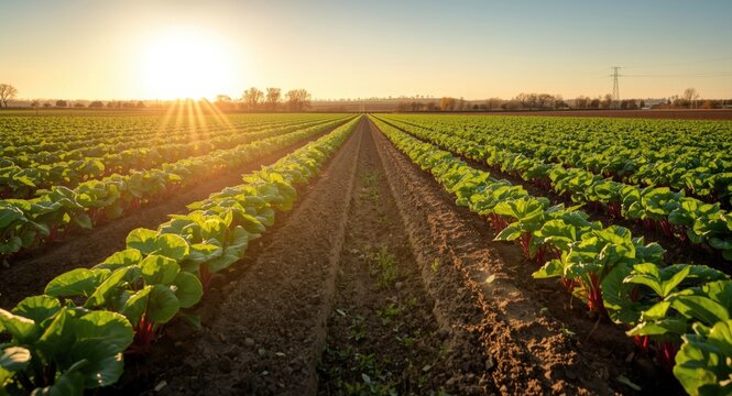 Fertile soil supports rows of thriving sugar beet plants under golden sunlight emphasizing strong agricultural yield