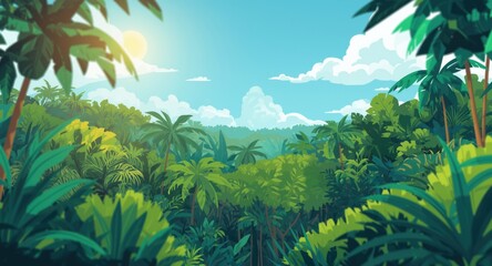 Fototapeta premium lush tropical jungle with dense palms and leafy bushes under a partly cloudy sunny sky in flat cartoon style
