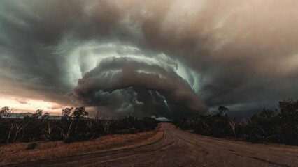 Obraz premium Dramatic storm clouds looming over rural landscape at sunset.