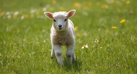 Obraz premium Joyful pet sheep lamb frolicking in vibrant green grass lawn during a bright summer day full length view