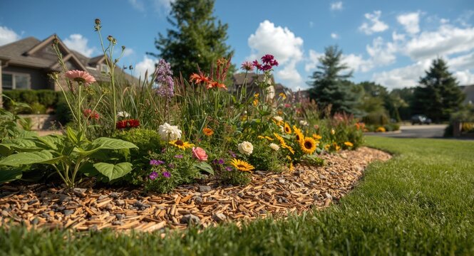 Attractive residential side yard containing a lively flower garden protected by organic wood chip mulch