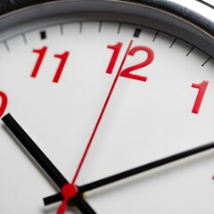 Close up of a clock face showing red and black hands