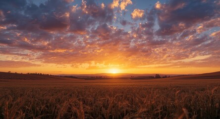 Dramatic sky filled with clouds framing a bright sunset over open farmland