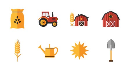 Farm icons wheat tractor barn watering can agriculture elements © putri