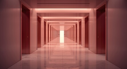 Fototapeta premium Endless walkway formed by open doors in a minimalist rose gold interior